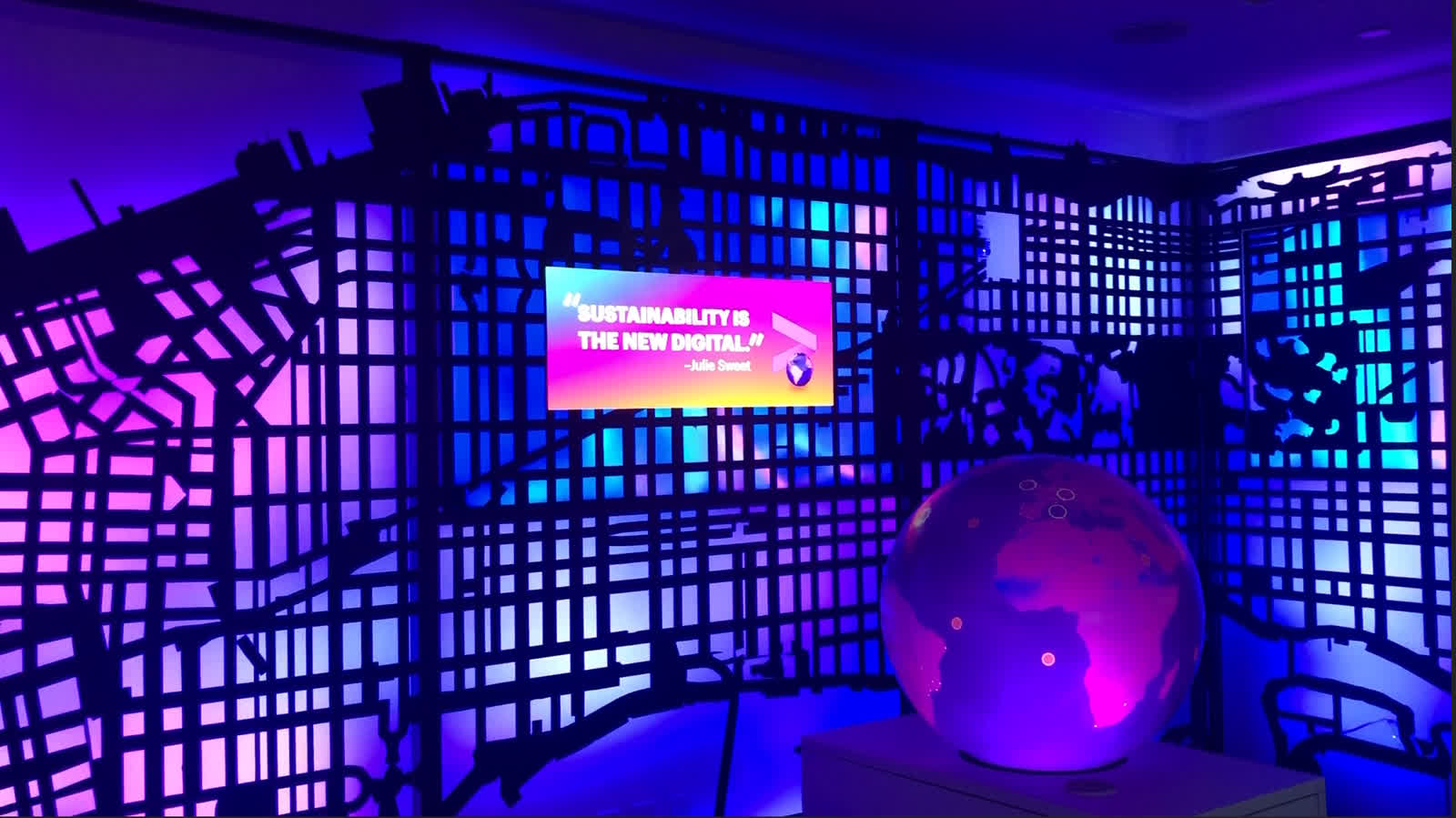 Smart Living installation with illuminated New York map
