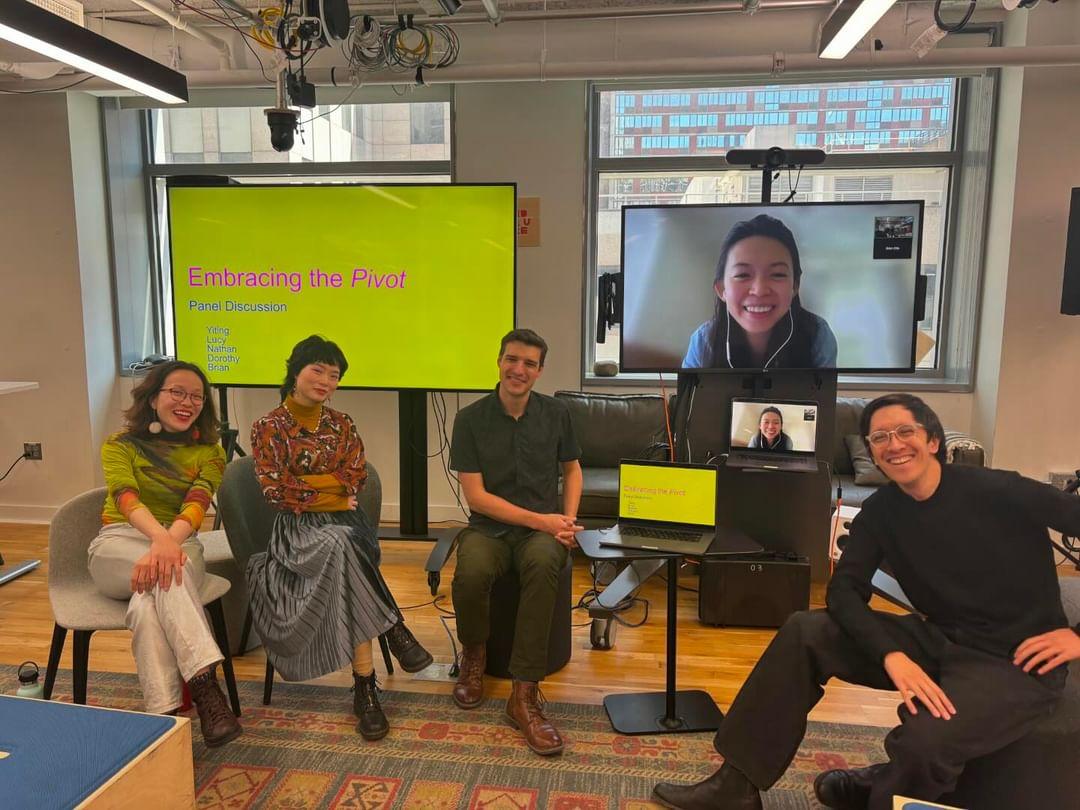 Yiting Liu seated with panelists for an Embracing the Pivot discussion at NYU ITP