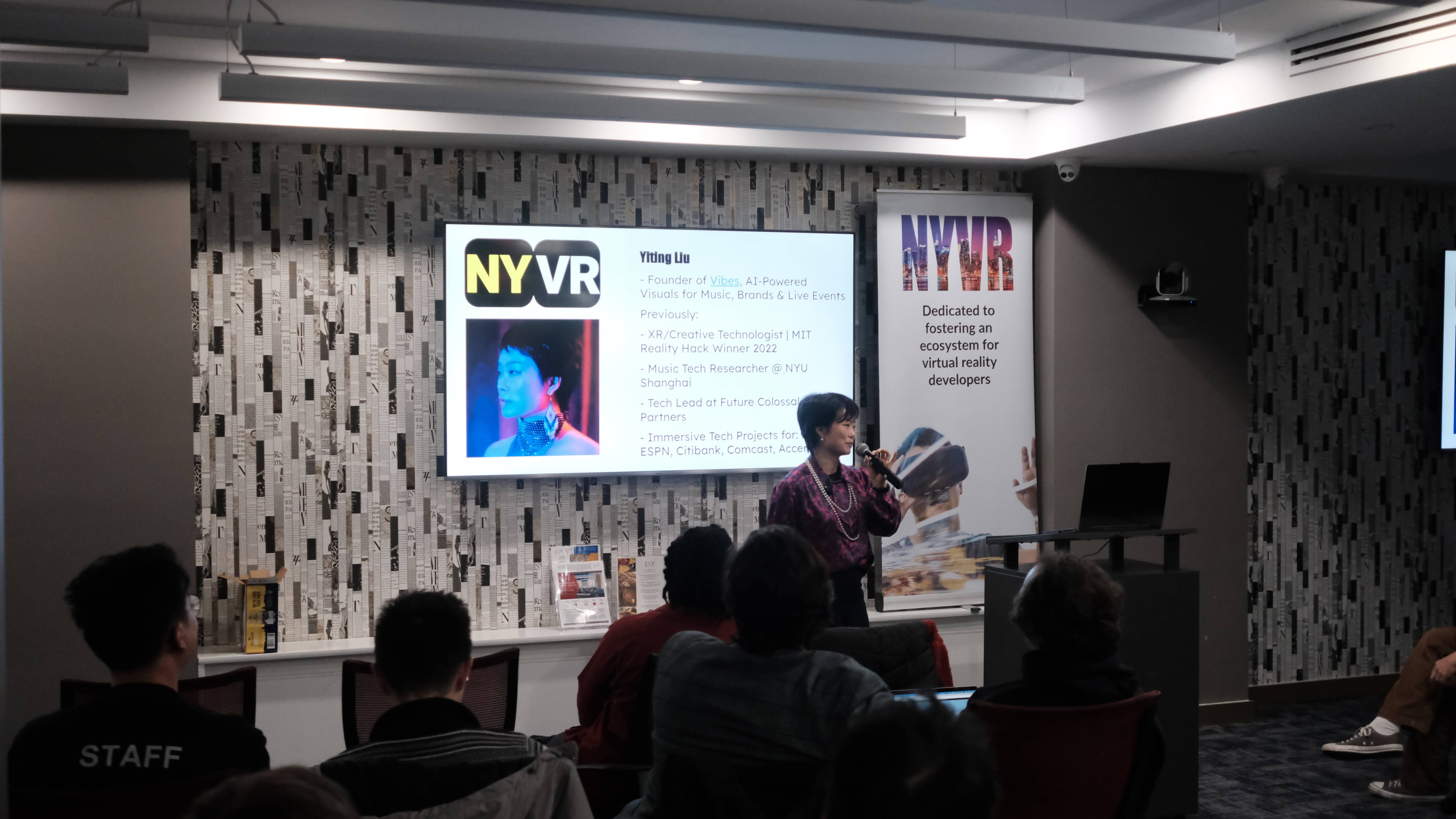 Yiting Liu speaking at NYVR with a slide about Vibes and creative technology credentials